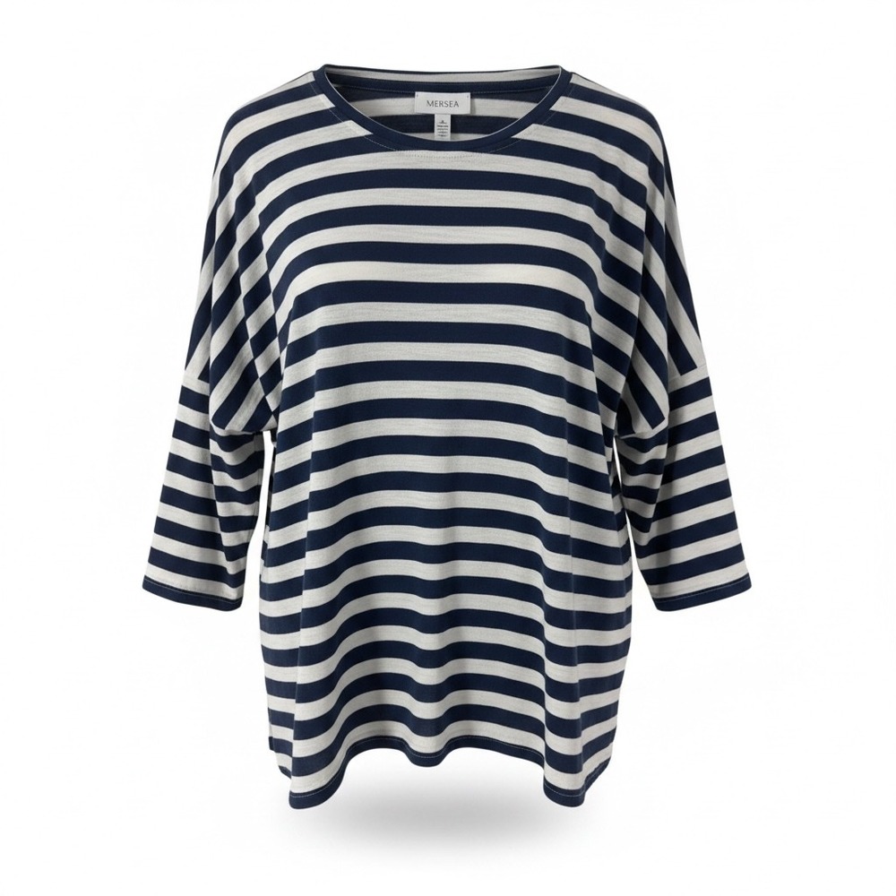 Mersea Womens Oversized Striped Top Navy Blue White 3/4 Sleeve One Size Fits All